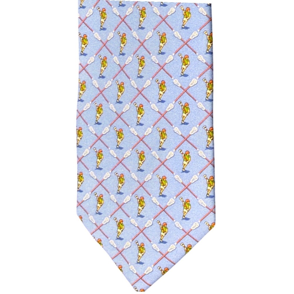 NWT- Bird Dog Bay Mens Silk Lacrosse Player Necktie Light Blue Handprinted